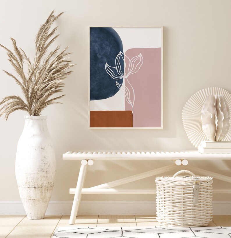 Abstract Flower Wall Art Botanical Art Print Navy Blue Rust Etsy