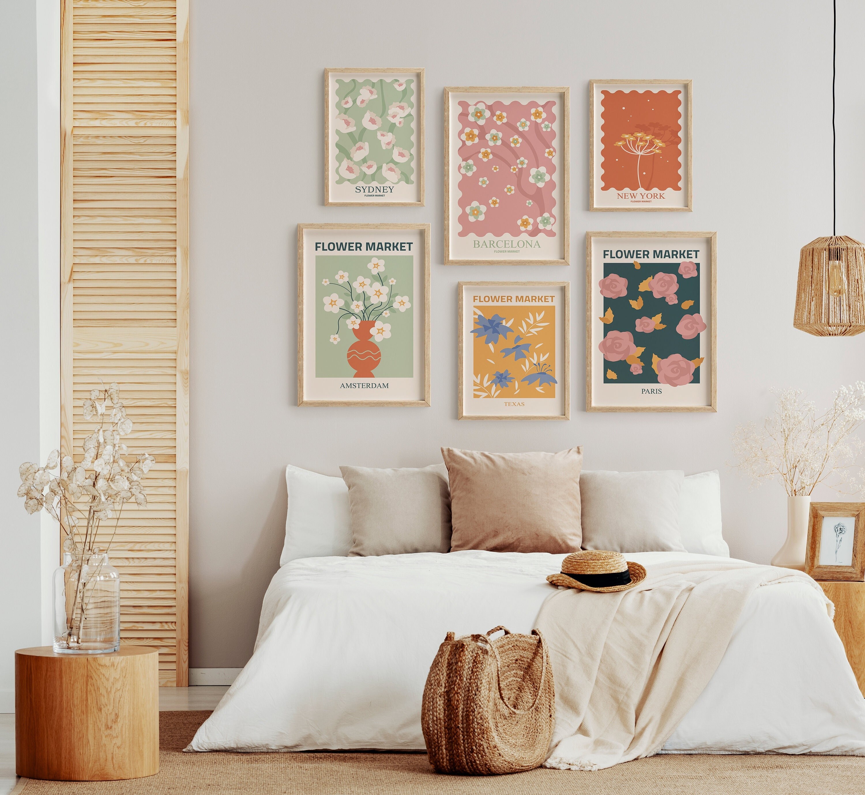 Flower Market Gallery Wall Set of 6, Above Bed Wall Art, Colorful