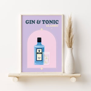 Colorful Alcohol Print, Gin and Tonic Print, Retro Wall Prints Trendy, Printable Bar Art, Home Bar Decor, Kitchen Wall Art, Cocktail Print