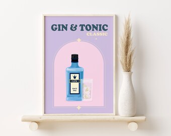 Colorful Alcohol Print, Gin and Tonic Print, Retro Wall Prints Trendy, Printable Bar Art, Home Bar Decor, Kitchen Wall Art, Cocktail Print