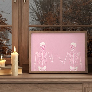 Trendig rosa Halloween-utskrivbar, rolig skelettväggkonst, söt Halloween-tryck, digital väggkonst, skeletttryck bild 1