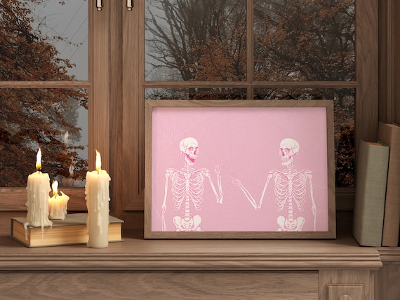 Trendy Pink Halloween Printable, Funny Skeleton Wall Art, Cute Halloween Print, Digital Wall Art, Skeleton Print