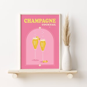 Champagner Bar Warenkorb Poster, trendiger Retro-Print, rosa Cocktail-Print, bunte Boho-Wandkunst, druckbare Bar Art, Bar Prints Modern Retro