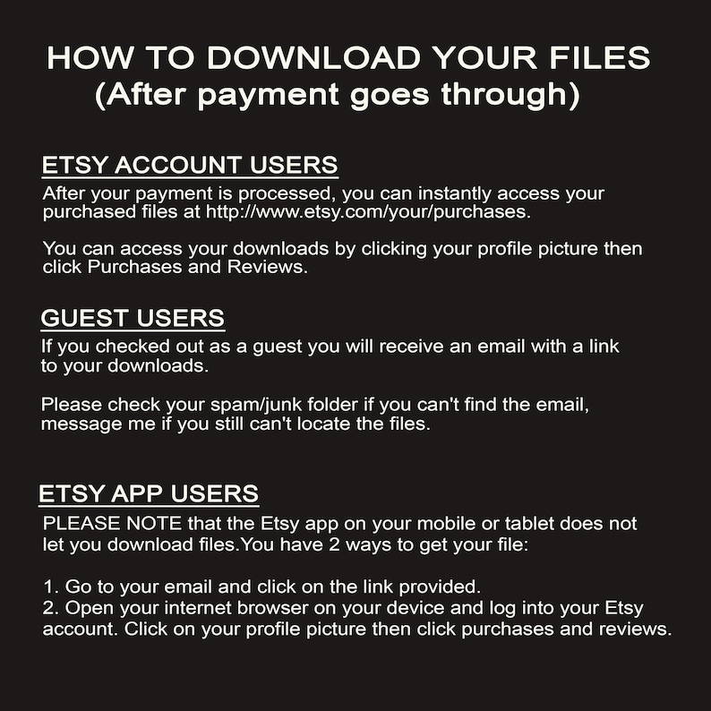 May include: Instructions on how to download digital files after purchase on Etsy. The instructions are for Etsy account users, guest users, and Etsy app users. The text includes a link to the Etsy website for accessing purchased files.