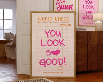 Trendy Retro Wall Art, Guest Check, You Look So Good, Girly Poster, Bathroom Art, Pink Dorm Decor, Printable Wall Art, Teen Girls Wall Art