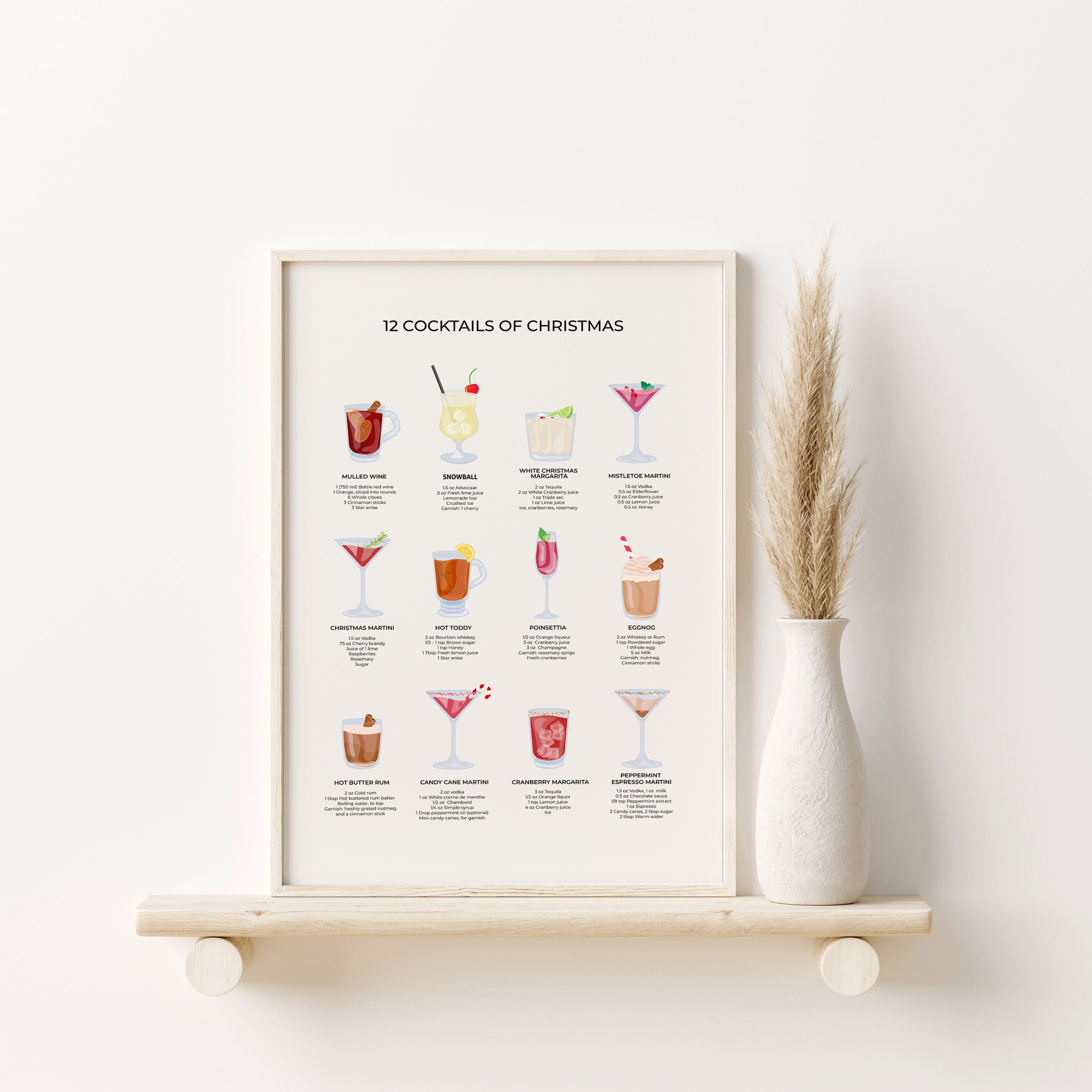 Christmas Cocktails Home Bar Chart, Digital Download 12 Cocktails Of Christmas With Recipe Printable