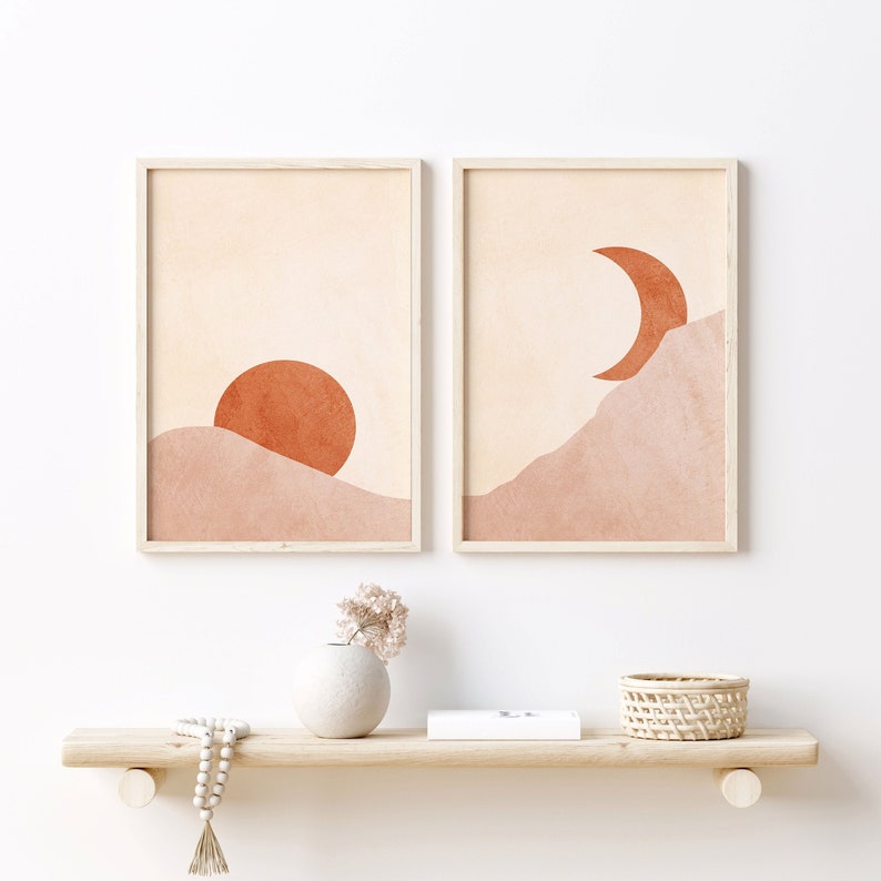 Sun and Moon Print, Terracotta Set of 2 Prints Abstract, Boho Wall Art ...