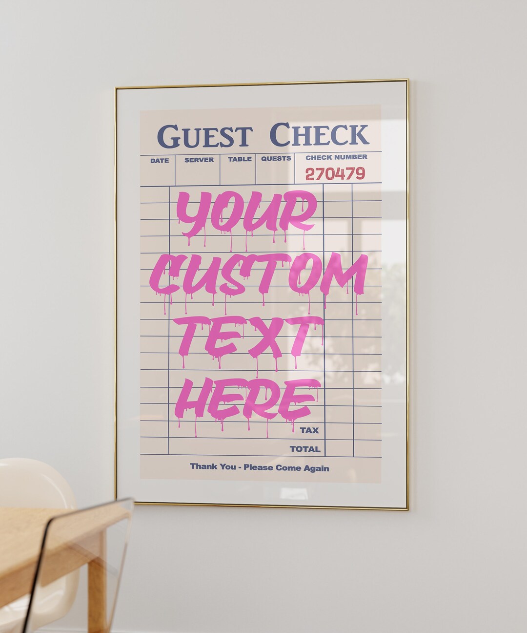 Custom Guest Check Art Print, Preppy Wall Art, Dripping Paint Effect