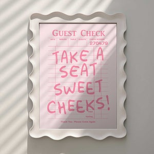 Arte de pared femenino, póster rosa, tomar asiento, mejillas dulces, impresión de cheques de invitado, arte retro de moda, decoración de dormitorio, arte de baño divertido, póster imprimible