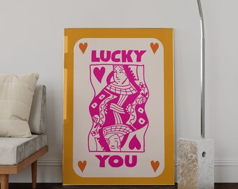 Lucky You Pink and Orange Preppy Wall Art, Lucky You Print, Aesthetic Room Decor, Trendy Aesthetic Print, Above Bed Art, Retro Dorm Prints