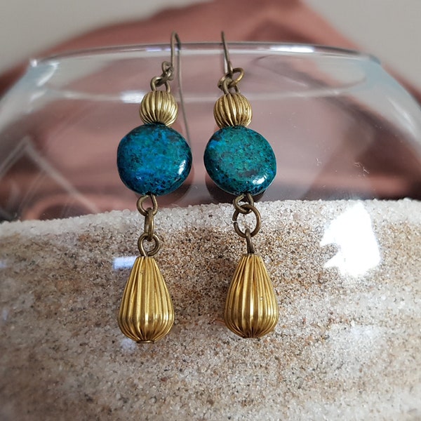 Pendientes bronce Crisocola azul - Blue Chrysocolla and bronze earrings