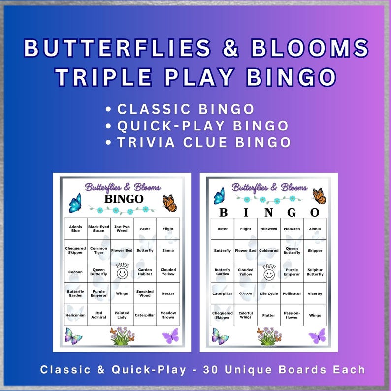 Butterflies & Blooms Triple Play Bingo - Etsy