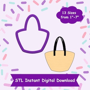 以下が含まれることがあります： 13サイズのトートバッグクッキーカッター用のSTLファイルの紫色のデジタルダウンロード。画像は、カッターの紫色のアウトラインと、黒いハンドルが付いたベージュのトートバッグを示しています。