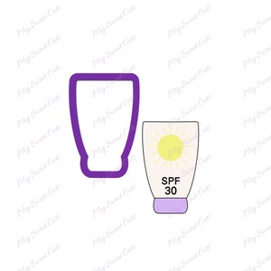 May include: A purple outline of a sunscreen bottle and a sunscreen bottle cookie cutter. The sunscreen bottle has a yellow sun graphic and the text "SPF 30". The cookie cutter is a simple outline of the bottle shape.