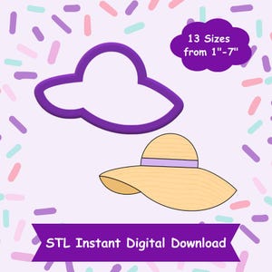 Puede incluir: Un archivo STL impreso en 3D de color morado para un cortador de galletas con forma de sombrero de sol. La imagen muestra el contorno del cortador de galletas y un sombrero de paja con una cinta morada. El texto "13 tamaños de 1"-7" y "Descarga digital instantánea STL" también se incluye en la imagen.