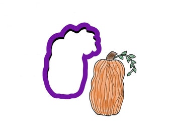 May include: An orange pumpkin illustration with a brown stem and green leaves. A purple cookie cutter in the shape of the pumpkin is next to the pumpkin illustration. The pumpkin has vertical lines and is set against a white background.