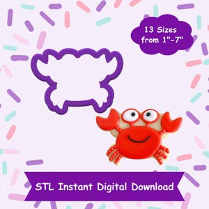 Puede incluir: Un cortador de galletas de plástico morado en forma de cangrejo con una galleta de cangrejo decorada en rojo y blanco. El cortador de galletas está disponible en 13 tamaños de 1 a 7 pulgadas. Descarga digital instantánea STL.
