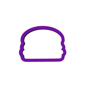 May include: A purple cookie cutter in the shape of a hamburger. The cutter has a rounded top and a wavy edge on the sides, with a flat bottom. The interior is empty, allowing for the cookie dough to be shaped.