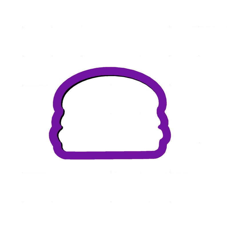 May include: A purple cookie cutter in the shape of a hamburger. The cutter has a rounded top and a wavy edge on the sides, with a flat bottom. The interior is empty, allowing for the cookie dough to be shaped.