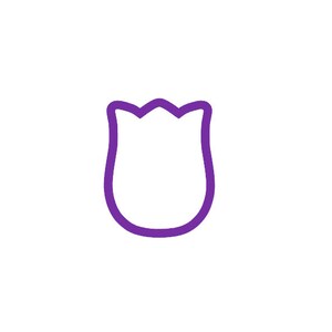 May include: A simple, purple outline of a tulip flower against a white background. The flower's petals are defined by a thick, solid line, with a rounded base and a scalloped top.