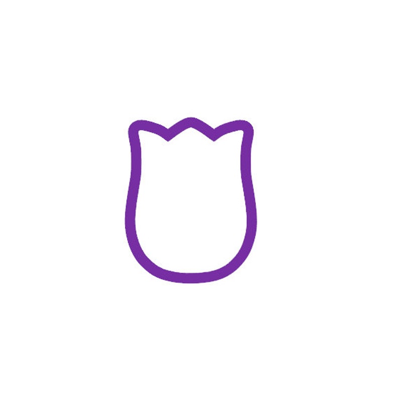 May include: A simple, purple outline of a tulip flower against a white background. The flower's petals are defined by a thick, solid line, with a rounded base and a scalloped top.