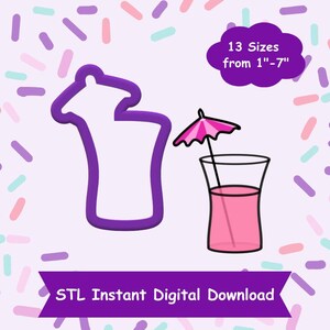 May include: Purple STL file for a 3D printed cookie cutter shaped like a cocktail glass with a pink umbrella. The image includes the text "13 Sizes from 1"-7" and "STL Instant Digital Download".