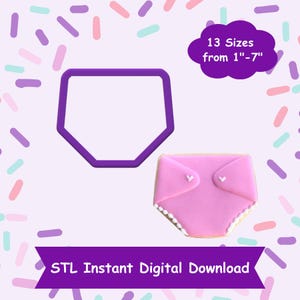 Peut inclure: Fichier STL violet pour un emporte-pièce imprimé en 3D en forme de couche. L'emporte-pièce est présenté avec un biscuit en forme de couche rose. Le texte "13 tailles de 1" à 7" est dans un nuage blanc. Le texte "STL Téléchargement numérique instantané" est en violet.