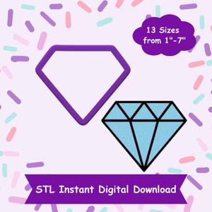 May include: A digital download of 13 STL files for 3D printing diamond-shaped cookie cutters. The cutters range in size from 1 to 7 inches. The image shows a purple outline of a diamond shape and a blue diamond shape with black outlines.