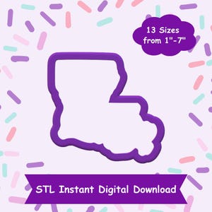 Könnte beinhalten: Lilafarbener STL-Datei-Digital-Download eines Keksausstechers in Form der Umrisse des Bundesstaates Louisiana. 13 Größen von 1 bis 7 Zoll.