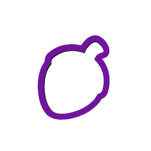 May include: A purple cookie cutter in the shape of an acorn. The acorn outline is thick and the interior is empty. The cookie cutter is on a white background.