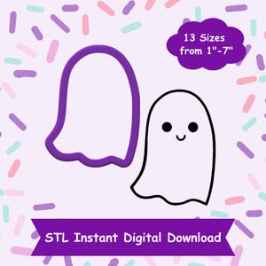 May include: Two digital files for 3D printing of a ghost cookie cutter. The first ghost is a simple outline, the second ghost has a face with eyes and a smile. The text on the image reads "13 Sizes from 1"-7" STL Instant Digital Download".