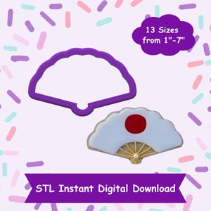 May include: A purple plastic cookie cutter in the shape of a Japanese fan. A white cookie with a red circle and a gold fan design is shown next to the cutter. The text "13 Sizes from 1"-7" is in a white cloud shape. The text "STL Instant Digital Download" is at the bottom of the image.