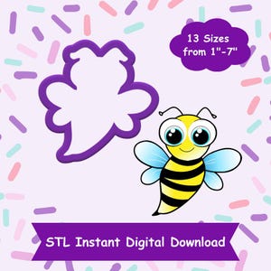 May include: A purple bee cookie cutter with 13 sizes from 1 to 7 inches. The cutter is next to a cartoon bee with yellow and black stripes, big blue eyes, and light blue wings. The text "STL Instant Digital Download" is at the bottom of the image.