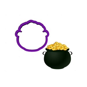 May include: A purple cookie cutter in the shape of a pot of gold, next to a black pot filled with gold coins. The cookie cutter is a simple outline, while the pot is filled with detailed golden coins.