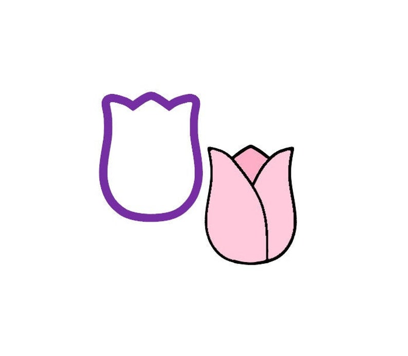 May include: A purple outline of a tulip cookie cutter next to a pink tulip illustration. The cookie cutter has a scalloped top. The tulip illustration is pink with black outlines.