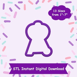 Può includere: Download digitale di file STL viola per un tagliapasta stampato in 3D a forma di robot dei cartoni animati. L'immagine mostra 13 dimensioni disponibili da 2,5 cm a 17,8 cm.