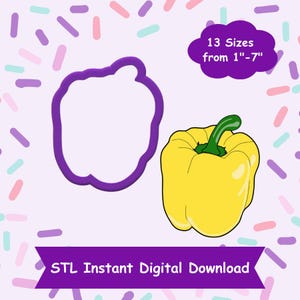 May include: A digital download of 13 STL files for 3D printing a yellow bell pepper cookie cutter. The cutter is shown in purple and the pepper is illustrated in yellow with a green stem. The text "13 Sizes from 1"-7" and "STL Instant Digital Download" is also included in the image.