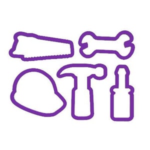 May include: A set of five purple construction tools cutouts, including a saw, wrench, hammer, hard hat, and screwdriver.