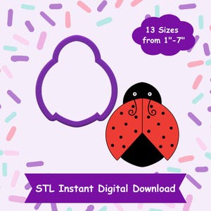 May include: A purple ladybug cookie cutter next to a red and black ladybug illustration. The image includes the text "13 Sizes from 1"-7"" and "STL Instant Digital Download". The background is light purple with colorful sprinkles.