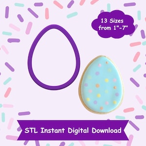 May include: Purple plastic Easter egg cookie cutter with a blue and white decorated cookie. The text "13 Sizes from 1"-7" is in a white cloud. The text "STL Instant Digital Download" is in a purple banner.