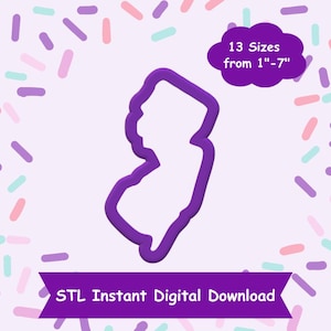 Pode incluir: Um cortador de biscoitos roxo em forma do estado de Nova Jersey. A imagem inclui o texto "13 Tamanhos de 2.5cm-17.8cm" e "STL Instant Digital Download". O fundo é lilás claro com granulado colorido.