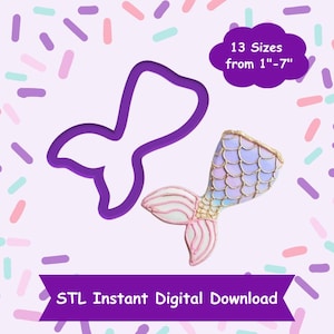 May include: Purple mermaid tail cookie cutter with 13 sizes from 1" to 7". STL Instant Digital Download.