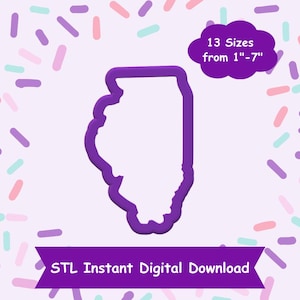 May include: Purple outline of the state of Illinois in 13 sizes from 1 to 7 inches. STL Instant Digital Download.