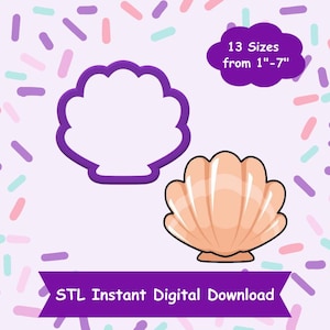 Op de afbeelding: Een paarse omtrek van een schelpkoekjesvormer en een roze schelpillustratie. De tekst "13 maten van 1"-7" staat in een witte wolk. De tekst "STL Direct digitaal downloaden" staat in een paarse banner.