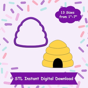 May include: A digital download of 13 STL files for a beehive cookie cutter. The beehive is yellow with a black entrance. The cookie cutter is shown in purple. The text "13 Sizes from 1"-7" and "STL Instant Digital Download" is also included in the image.