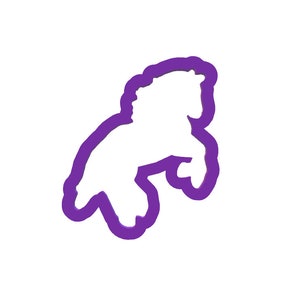Puede incluir: Silueta morada de un caballo de dibujos animados de pie sobre sus patas traseras con sus patas delanteras levantadas en el aire.