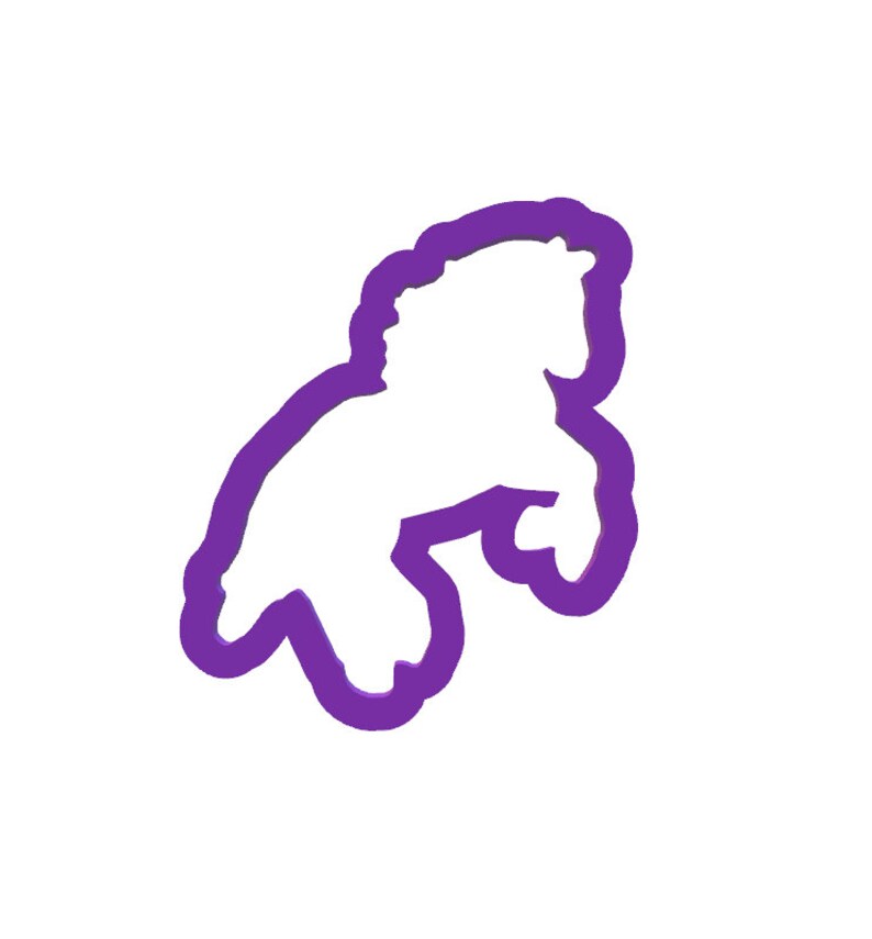 Puede incluir: Silueta morada de un caballo de dibujos animados de pie sobre sus patas traseras con sus patas delanteras levantadas en el aire.