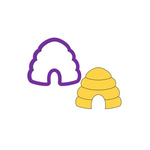 May include: Two beehive cookie cutters, one purple and one yellow. The purple beehive is a simple outline, while the yellow beehive has a more detailed design with multiple layers.