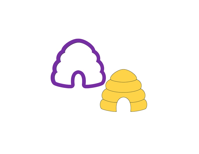 May include: Two beehive cookie cutters, one purple and one yellow. The purple beehive is a simple outline, while the yellow beehive has a more detailed design with multiple layers.