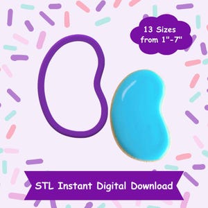 May include: Purple jelly bean cookie cutter with a blue jelly bean cookie on a white background with pink, purple, and blue sprinkles. 13 Sizes from 1"-7". STL Instant Digital Download.
